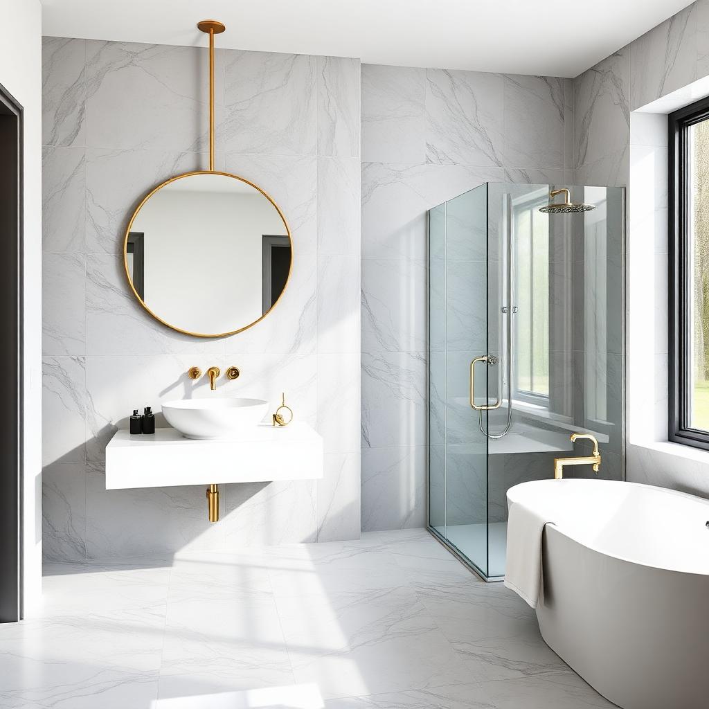 Modern remodeled bathroom with marble walls, gold mirror and glass shower